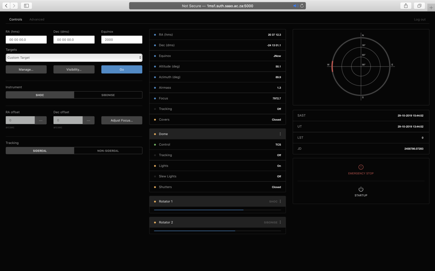 The control tab of Lesedi's TCS